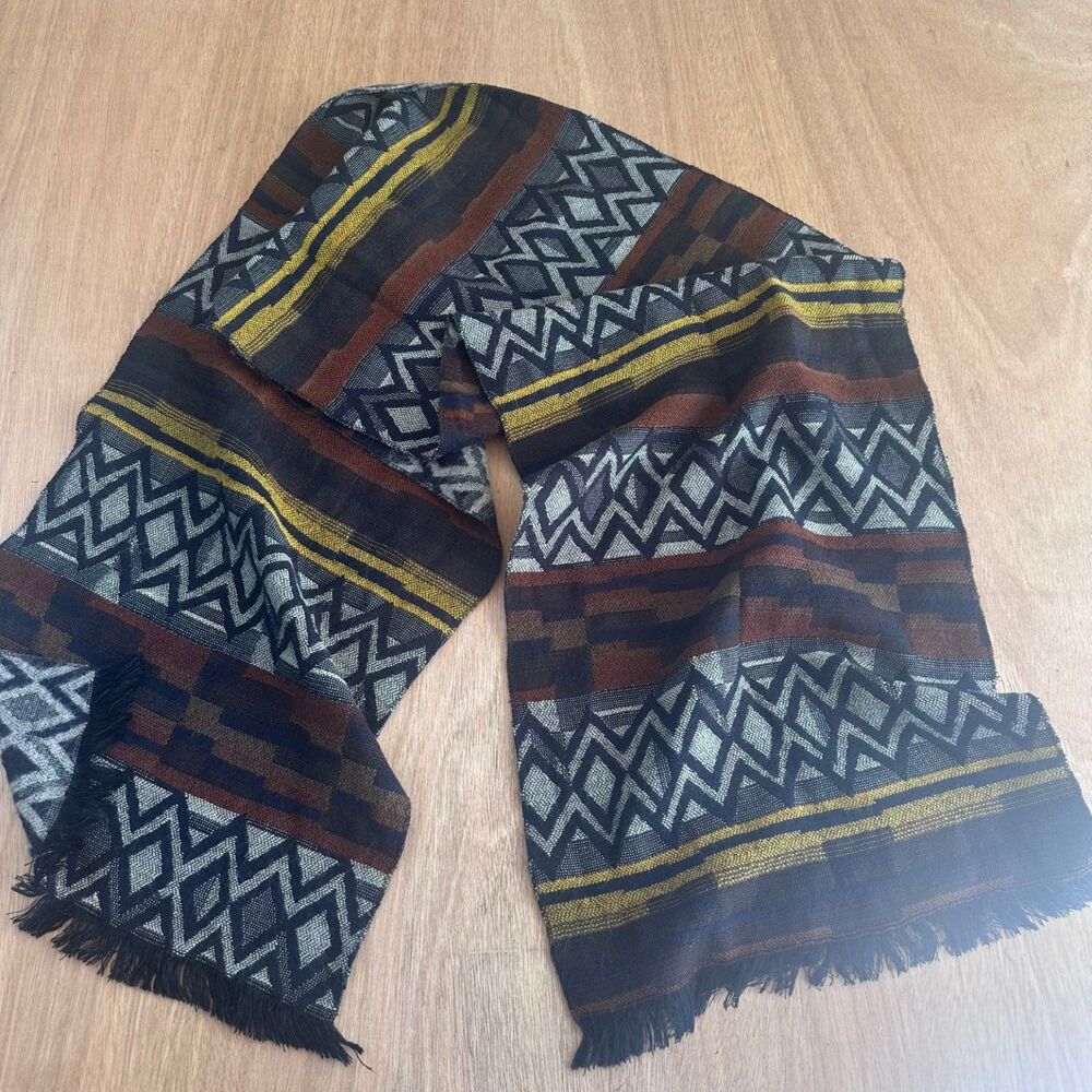 Women's Boho Geometric Scarf Fringe Wrap Navy Gray Mustard Brown Soft Winter